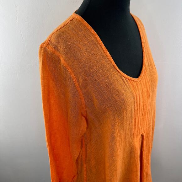 FLAX Orange Tunic Top Linen Scoop Neck Inverted Pleat 3/4 Sleeve Size S Small - Picture 6 of 10